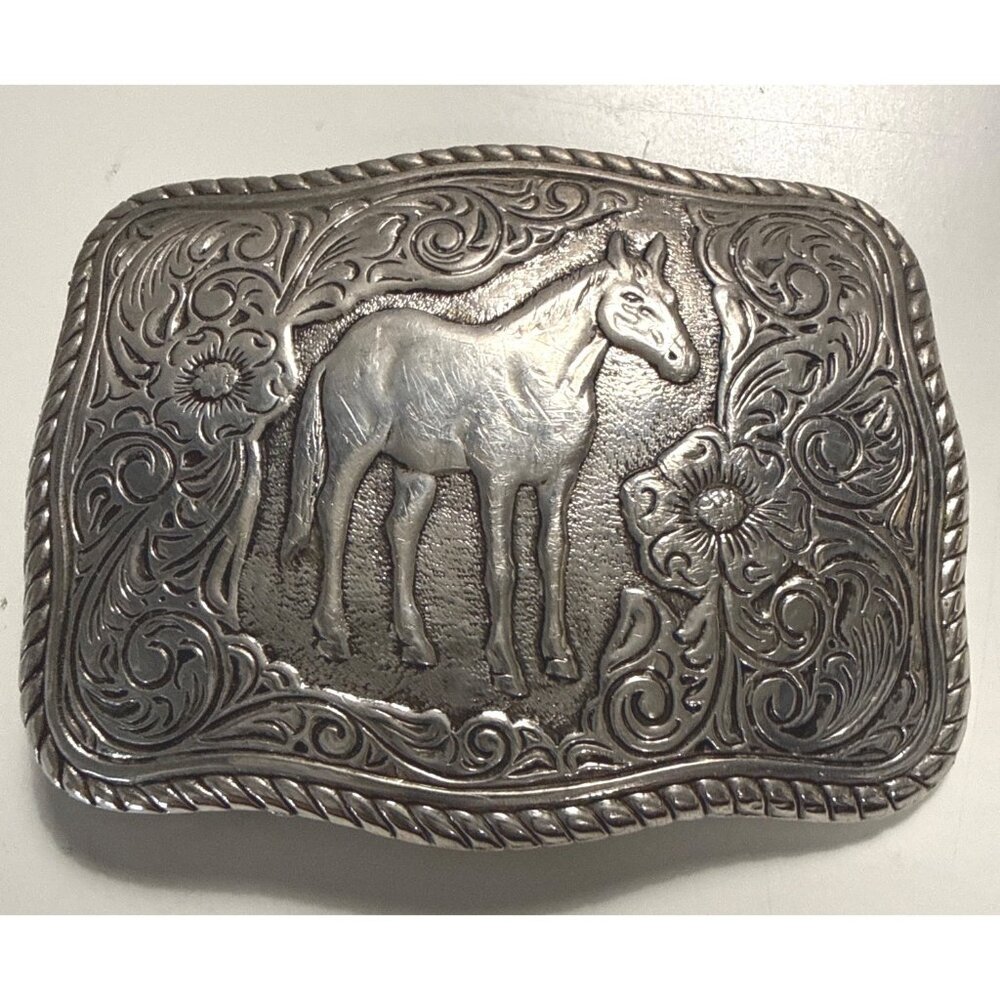 Vintage Horse Design Western Belt Buckle Silver-Tone Floral Engraving 3" x 2.50"